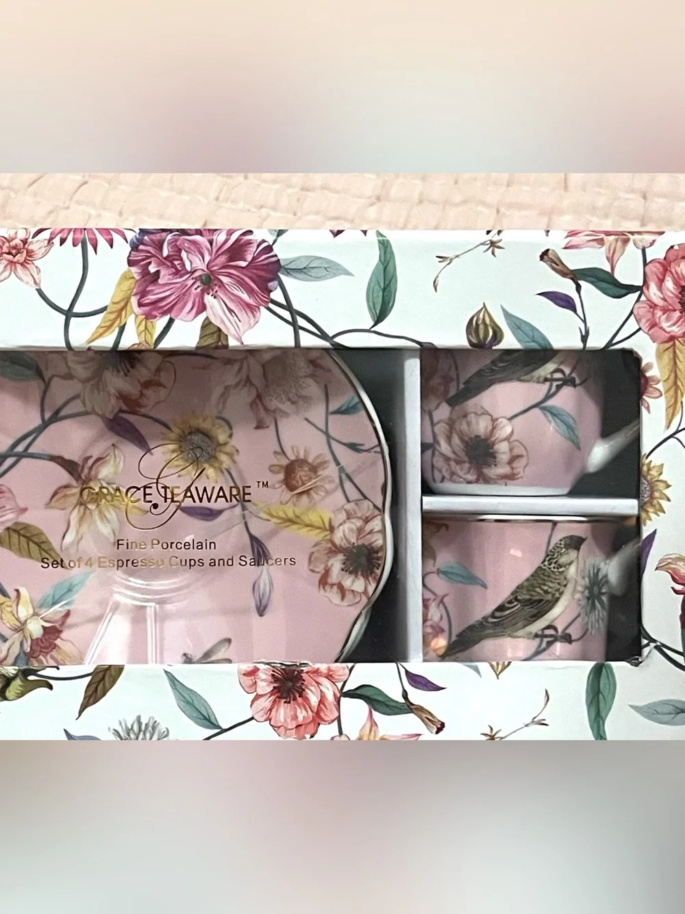 Grace Teaware Floral Porcelain espresso coffee Tea Set Pink floral flowers bird